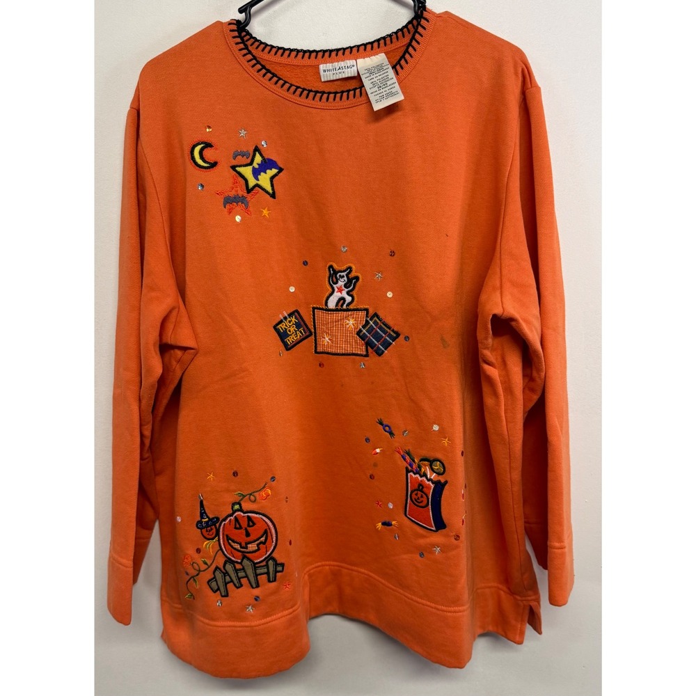 White Stag Plus Halloween Sweatshirt Orange Embroidered Pumpkin Ghost 18W/20W